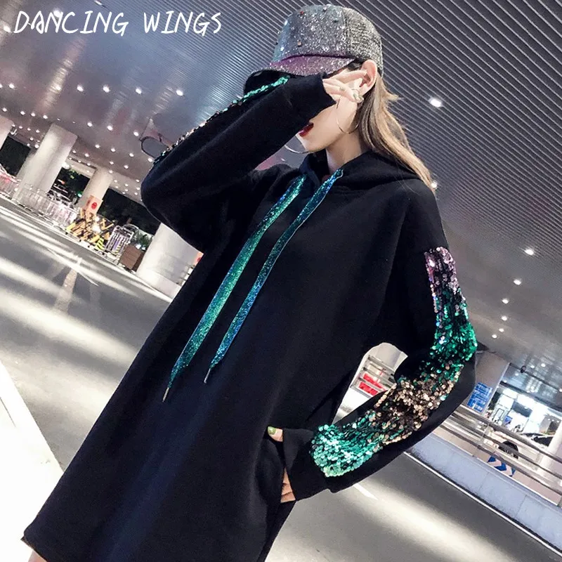 

Women Casual Sequins Long Sleeve Hooded Sweatershirt 100% Cotton Thick Velvet Pullover Black Loose Long Sweatshirts