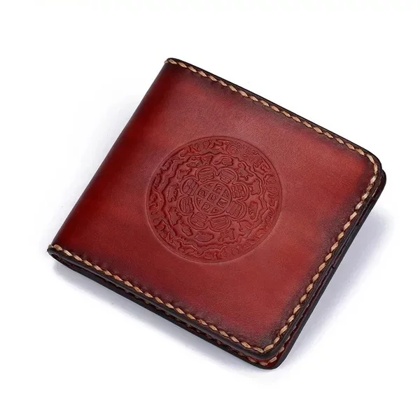 

Hand Sewing Embossed Tibetan Buddhism Trigram Designer Genuine Cow Leather Men Black Short Wallet Tanned Man Bifold Card Purse