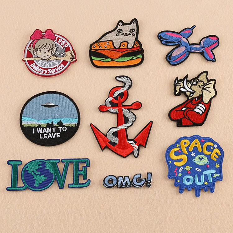 

Iron Patches For Clothing Cat Elephant Anchor Badge Embroidery Patch LOVE OMG Kiki's Delivery Service Badges For Clothes