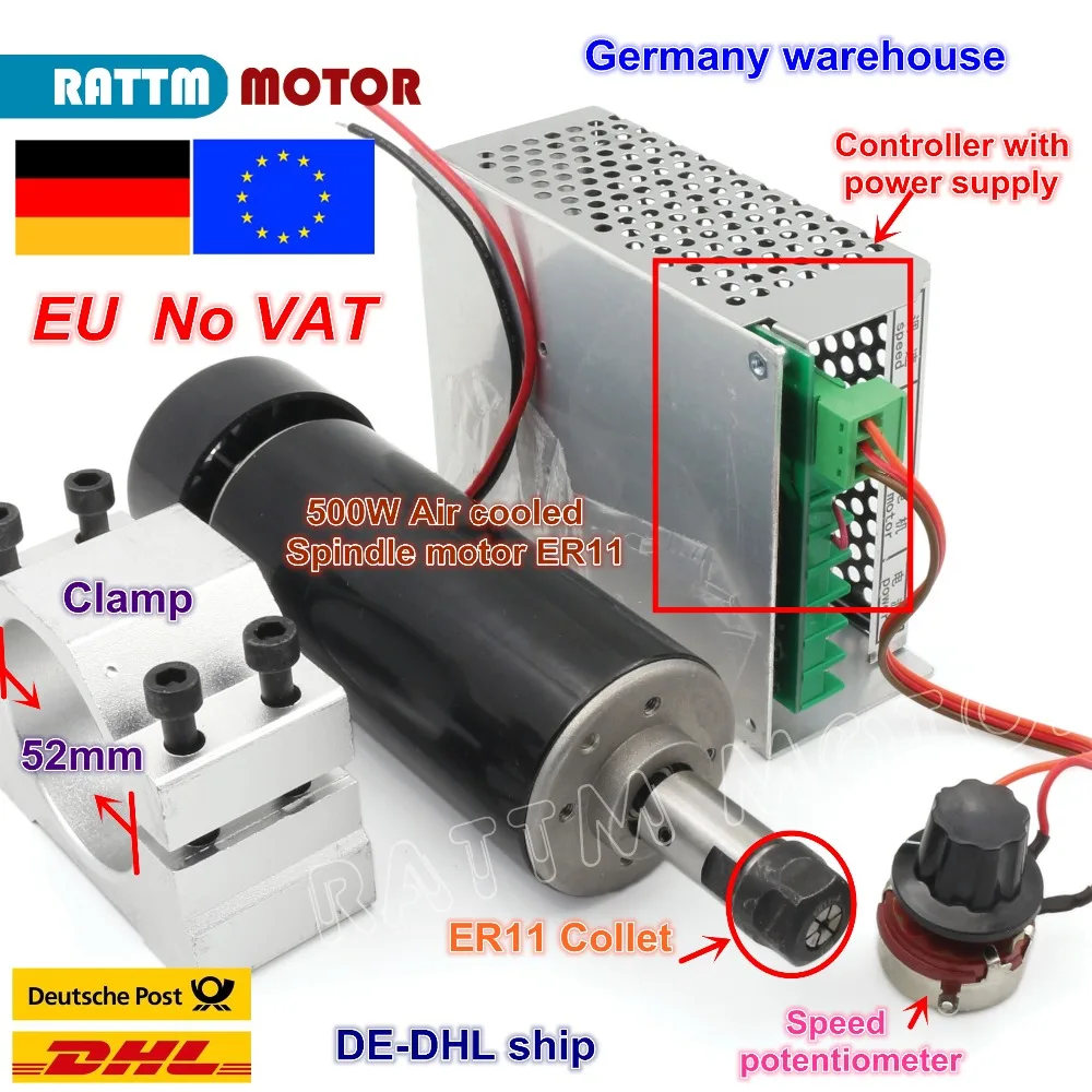 【EU ship】 Air cooled 0.5kw Air cooled spindle ER11 chuck CNC 500W Spindle Motor + Power Supply speed governor For DIY CNC ROUER