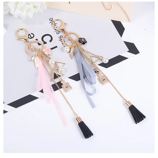 2017 New Handmade Long Ribbon Tassel Rhinestone Simulated Pearl Leaf Triangle Keychains for
