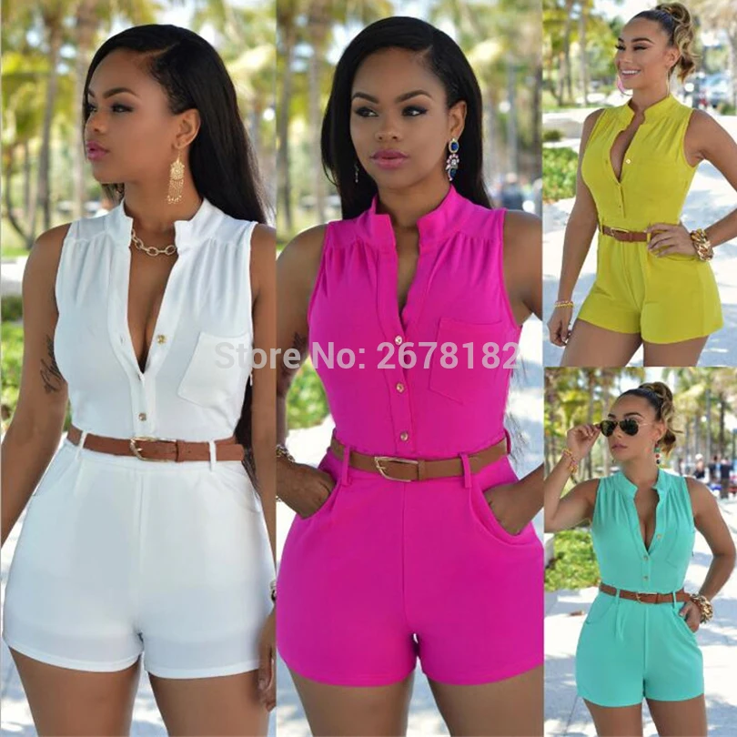 

2018 Summer Casual Playsuit Sexy Sleeveless Short Jumpsuit Shorts Solid Overalls Romper Shorts With Belt Rompers Womens Jumpsuit