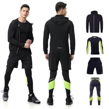 

2019 Running Set Men's Gym Clothes Stretchy Compression Tights Sportswear Fitness Training Sports Jogging Suits 4 in1 set #17816