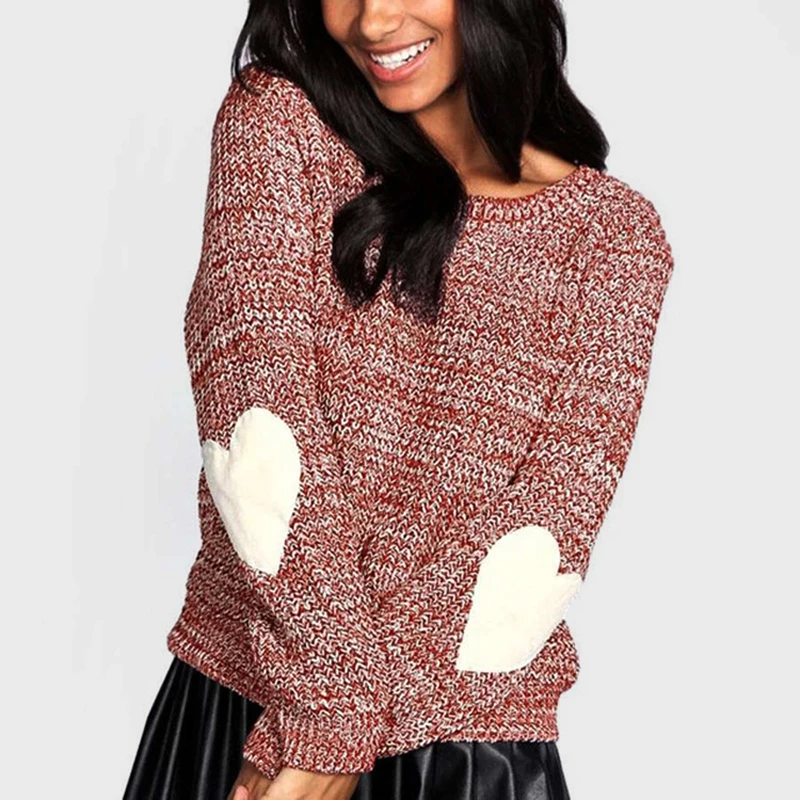 Autumn Spring Sweaters Women Loose Knitted Sweater Elbow Heart Patch