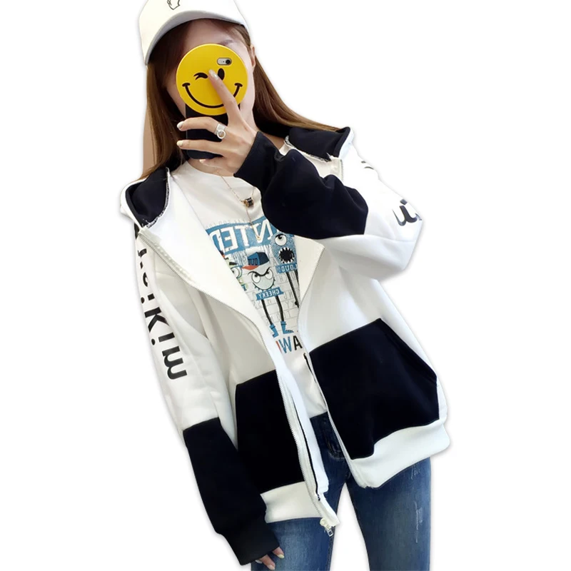 

2019 Autumn Winter New Harajuku Bf Zipper Jacket Coat Women Korean Casual Loose Large Size Plus Velvet Hooded Sweatshirt Female