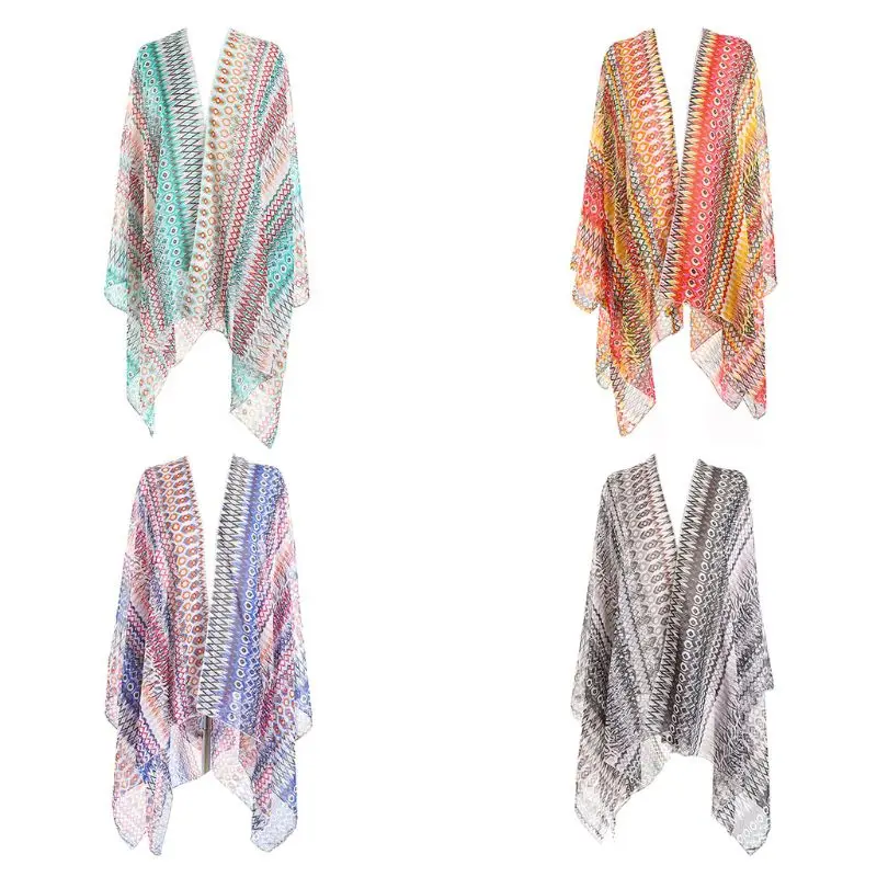 

Women Sweet Candy Color Summer Bikini Cover Up Rainbow Colorful Geometric Graphic Pattern Kimono Cardigan Semi-Sheer Scarf Shawl