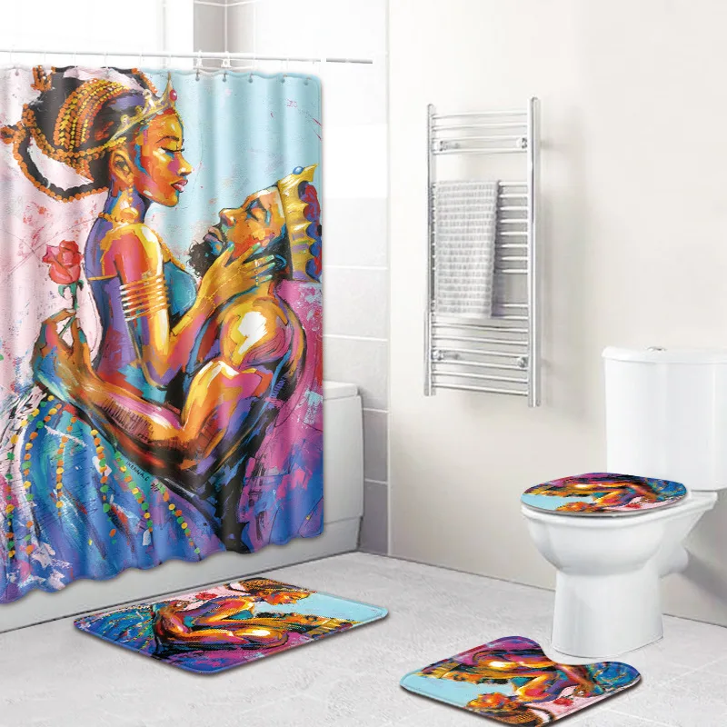 King Queen Couple African Shower Curtain Fabric Lovers Home Decoration Bath Rugs 