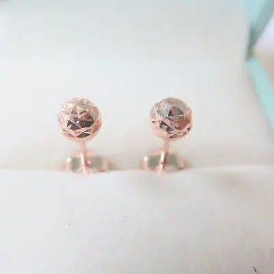 

New Real Au750 18K Rose Gold Women's Lucky Carved Ball Stud Earrings 1-1.3g