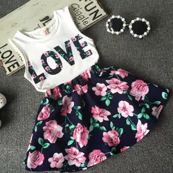Одежда для маленьких девочек Футболка Топы Корректирующие + цветочный мини-юбка комплект одежды 2 шт