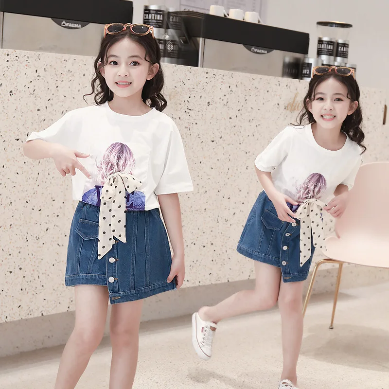 

Teenage Girls Summer Clothes Sets 2019 New Kids Cartoon Bow Short Sleeve T-shirt +Denim Skirt Sports Suit Child Clothing Outfits