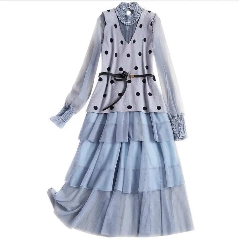 

Spring Layers Mesh Dresses Women Long Sleeve Ruffle Knit Dot Mid Party Dress Female Fashion Clothes 2019 British style