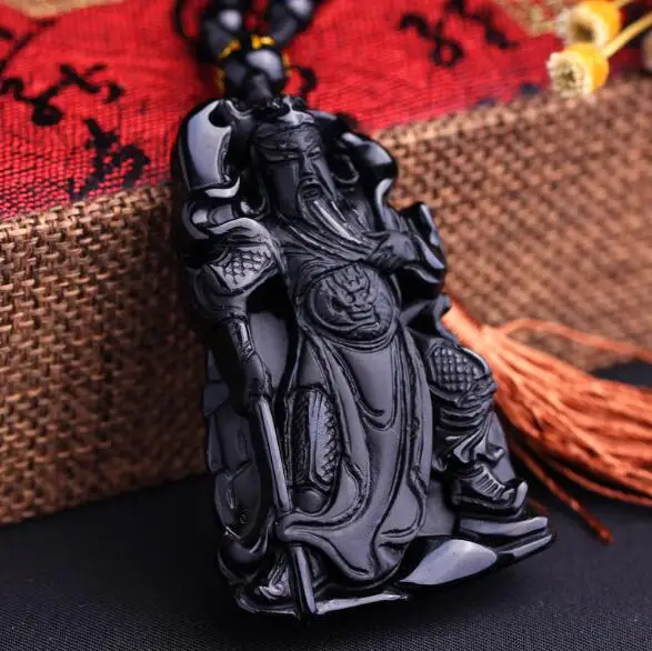 

Beautiful 60x40mm Chinese Handicraft Black Obsidian Hand-Carved Lucky Blessing Guangong Amulet pendant necklace Fine Jewelry
