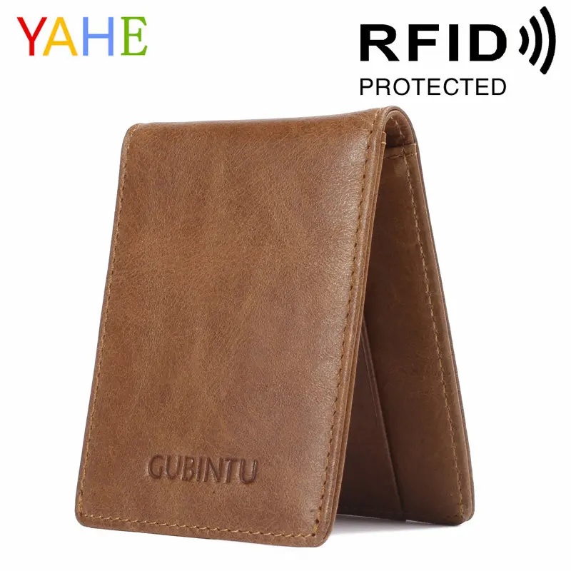 

YaHe Vintage Somple Fashion Style men Money Clip Anti-Magnetic Genuine Leather Luxury Mens New Short Wallet Purse