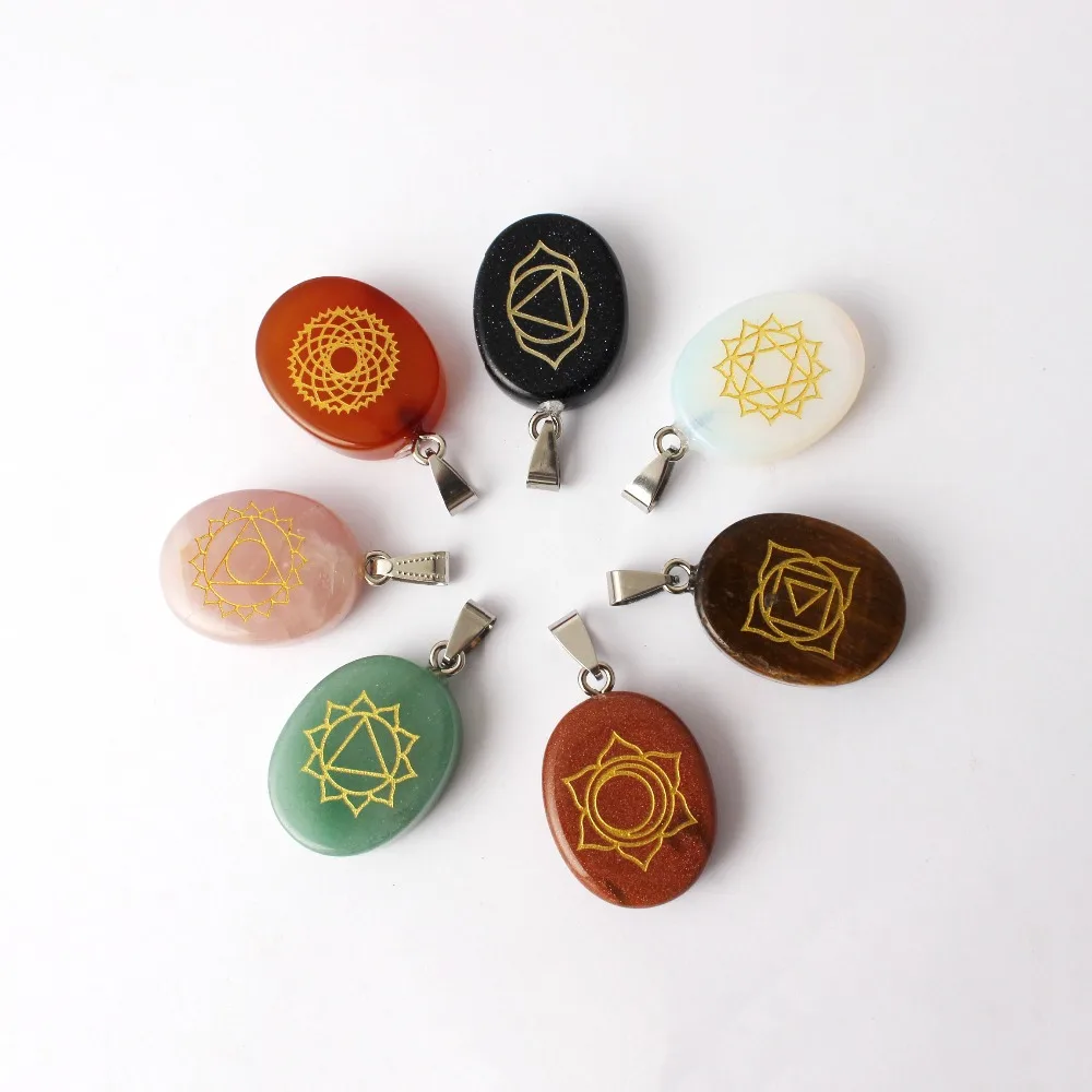 

7Pcs Mixed Natural Stone 7 Chakra Carved Chakra Pendants Oval Shape Reiki Stone Pendant Necklace Finding
