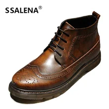 Brogue Style Male Ankle Boots Genuine Leather Vintage Chelsea Boots Men Lace Up High Top Shoe Size Eu 38-44 AA20208