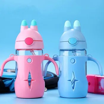 

Sweet Gift Bottle Baby Children Personality Glass Bottles Rabbit Glass Sippy Drinking Bottle with Handle Straw