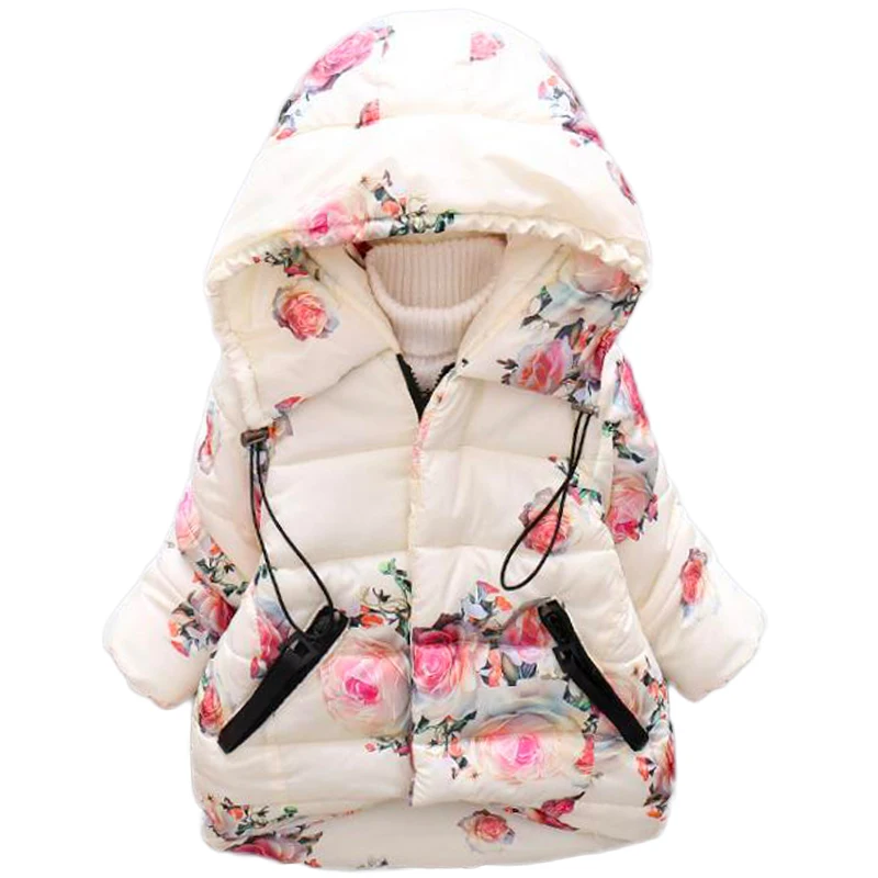 Зимняя куртка-пуховик для девочек; плотная куртка с капюшоном и цветочным принтом; пальто; Верхняя одежда для малышей; детская парка; верхняя одежда