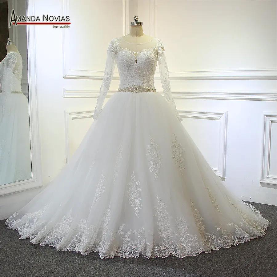 Красивая новая модель кружева длинный рукав аппликация свадебное платье 2019 с кристаллами ремень