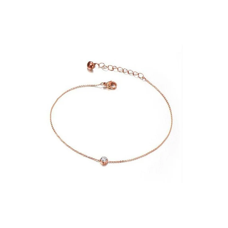 Women Simple Stainless Steel Rhinestone Solitaire Anklet
