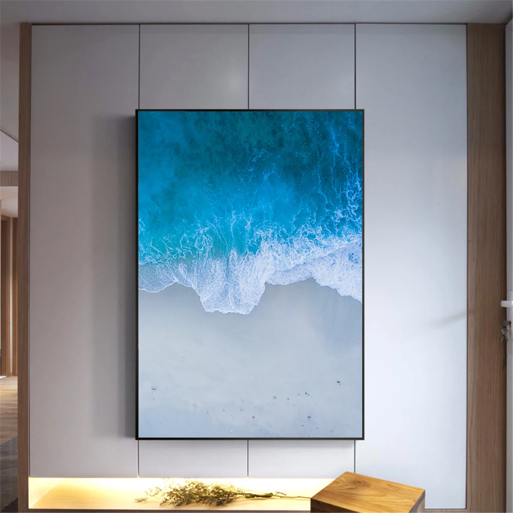 

Beatuy Poster Sea Beach Shore Blue Waves Painting Ocean Sunset Seascape Wall Pictures for Living Room Decoration Bathroom Art