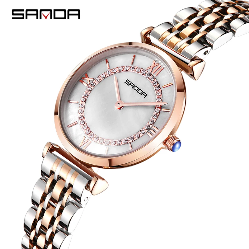 Sanda часы женские водонепроницаемые розовое золото Сталь с бриллиантами перламутровый циферблат Звездные Кварцевые женские наручные часы relogio feminino