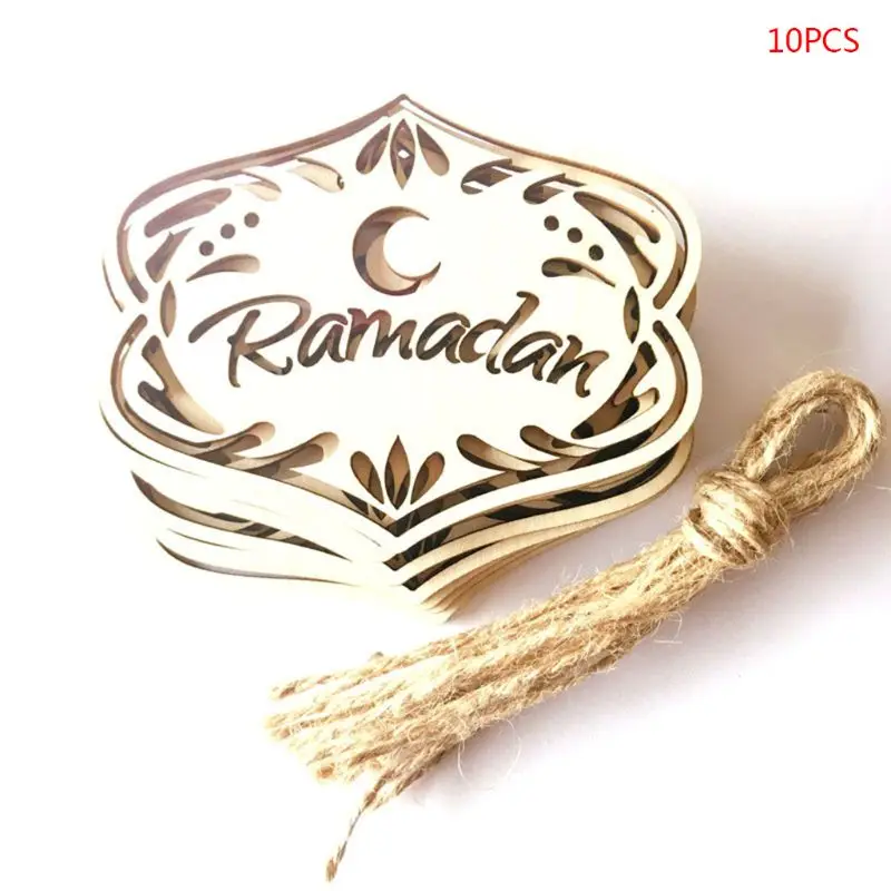 

10pcs/set Wooden Hollow Laser Cut Ornament DIY Islam Eid Muslim Ramadan Hanging Pendant Moon Baubles Home Decoration