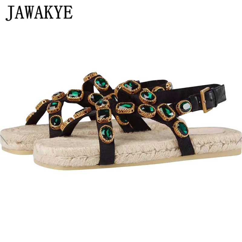 

Diomand Crystal Fisherman Sandals Women Flat Hemp Rope runway Summer Shoes genuine Leather Rhinestone Sandalias Female Outdoor