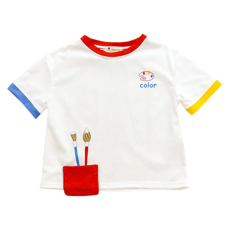 

New Cotton Harajuku Stitching Pocket Ladies Short-sleeved O-neck Summer Loose Girls Fashion Brush Printing T-shirt Women's Shirt