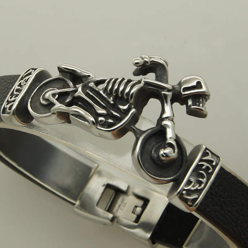 

men/boy cool racing motorcycle skull genuine leather 316L stainless steel bracelet