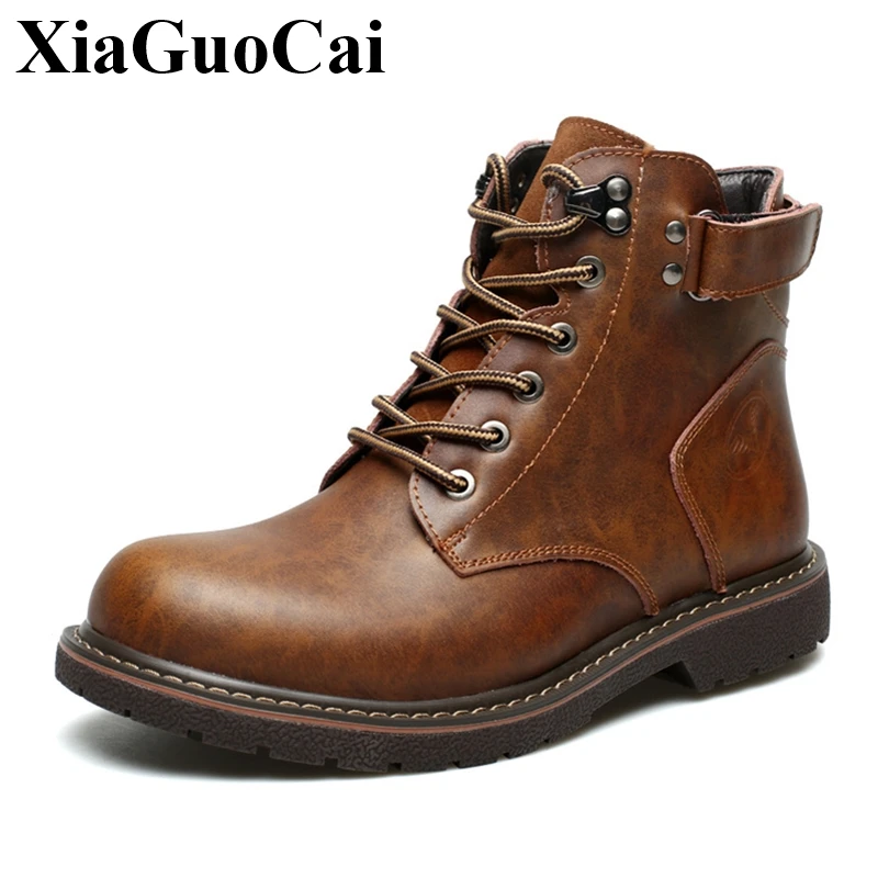

Real Leather Shoes Men Tooling Boots High Top Lace-up Flat Ankle Boots Platform Waterproof Retro Solid Adult Male Martin Boots