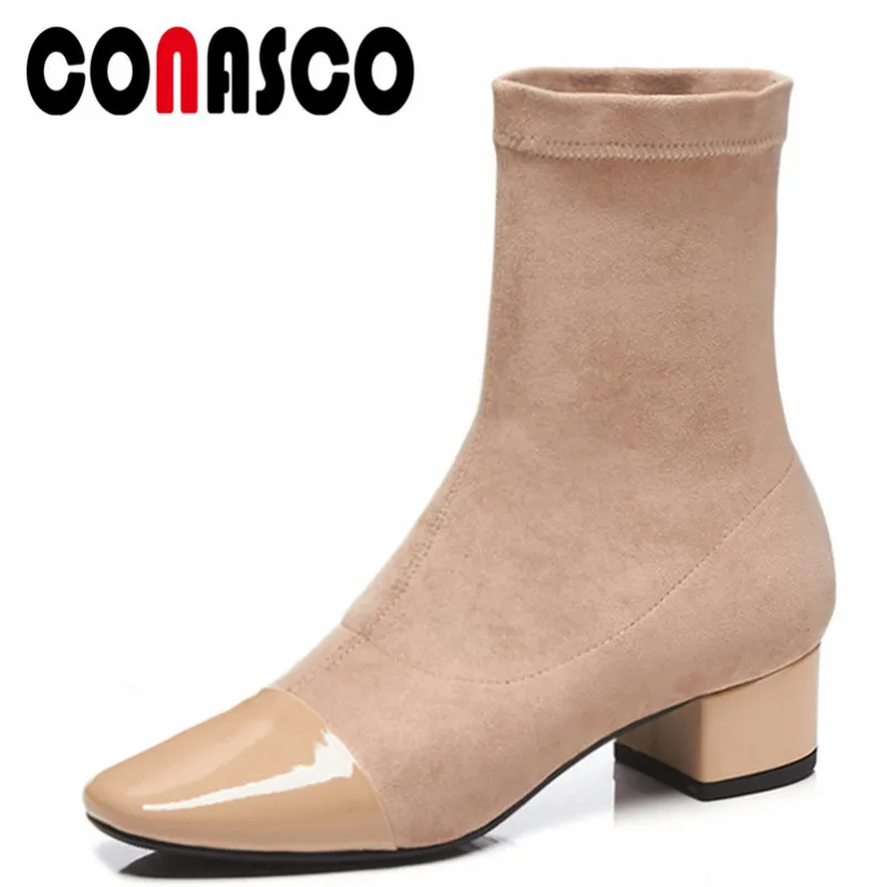

CONASCO 1New Arrival Women Ankle Boots Autumn Winter Warm Genuine Leather High Heels Shoes Woman Square Toe Quality Basic Boots