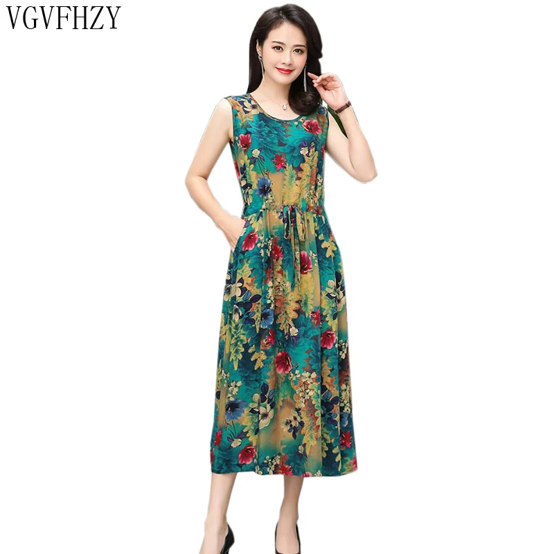 2019 Women's Summer cotton quality Dress Plus Size Floral Print Vintage Dresses Middle aged