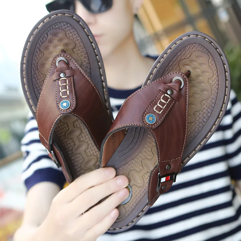 Merkmak Summer Slippers Sandals Men's Fashion Slip-on Solid Breathable Outdoor Casual Leather Men Footwear Flat Man Beach Shoes