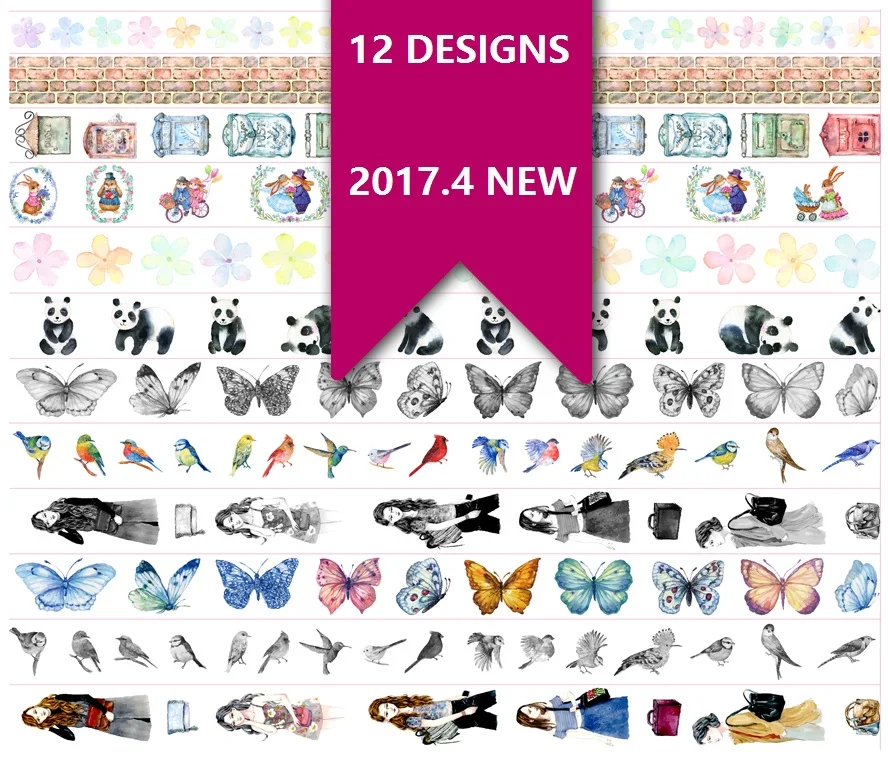 

12Designs NEW Flowers/Girls/Bird/Butterfly/Panda Pattern Japanese Washi Decorative Adhesive DIY Masking Paper Tape Sticker Label