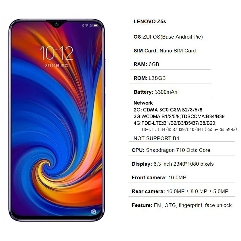 Мобильный телефон lenovo Z5S с глобальной ПЗУ, 6 ГБ, 128 ГБ, L78071, Восьмиядерный процессор AI, три камеры Snapdragon 710, 4G, FDD LTE, 6,3 дюйма, Android 9,0