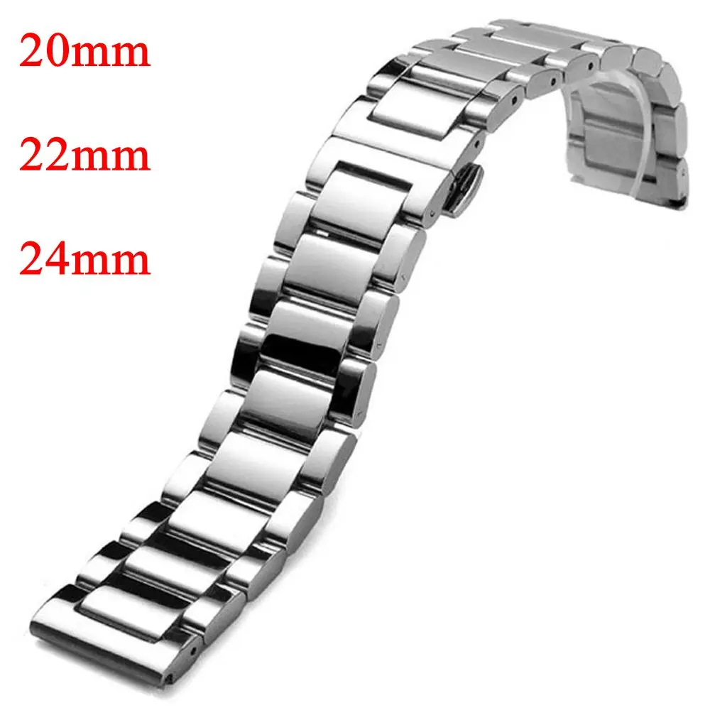 

24mm Silver Solid Link Stainless Steel Wrist Watch Band Deployment Buckle With Push Button Strap Bracelet Men Women GD013824