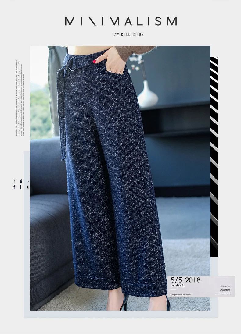 2xl бренд полушерстяные брюки 2019 весна осень женские брюки Новые Ol Пригородные темно-синие брюки пояс свободные широкие брюки женские