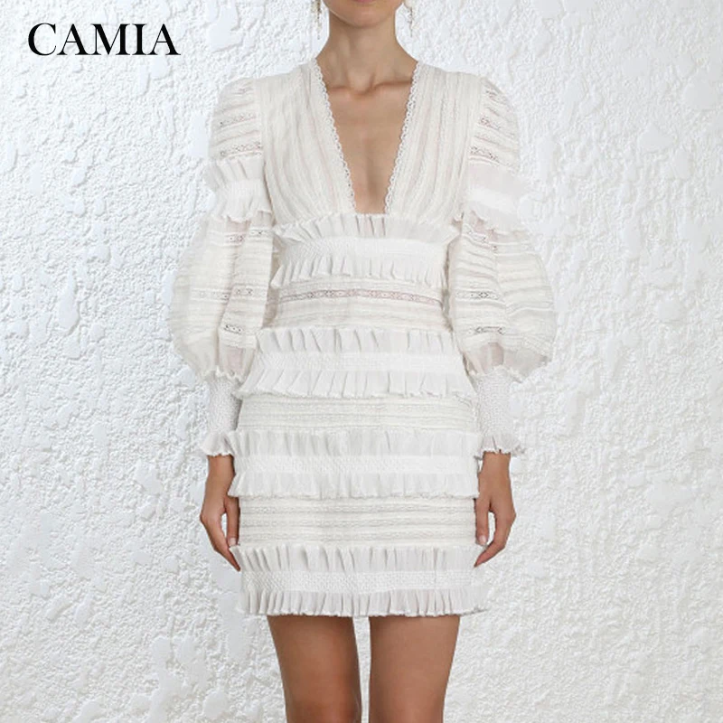 

CAMIA Solid Color Ruffle Triangular Sleeve Slim Patchwork Dress V-neck High Waist Mini Women's Dress