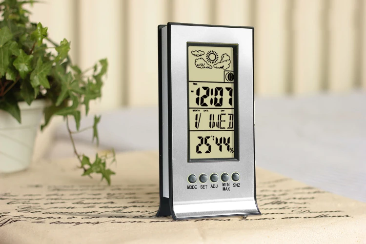 

JIMEI H106A LCD table alarm Weathe Forecast clock with Indoor Temperature & Humidity Meter and aluminiu surface