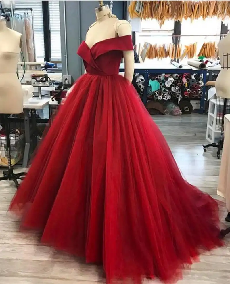 off shoulder satin ball gown