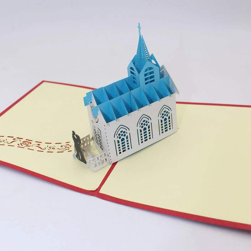  3D Handmade Blue Roof Church Paper Invitation Greeting Cards PostCard Valentine's Day Engagement We - 32913956585