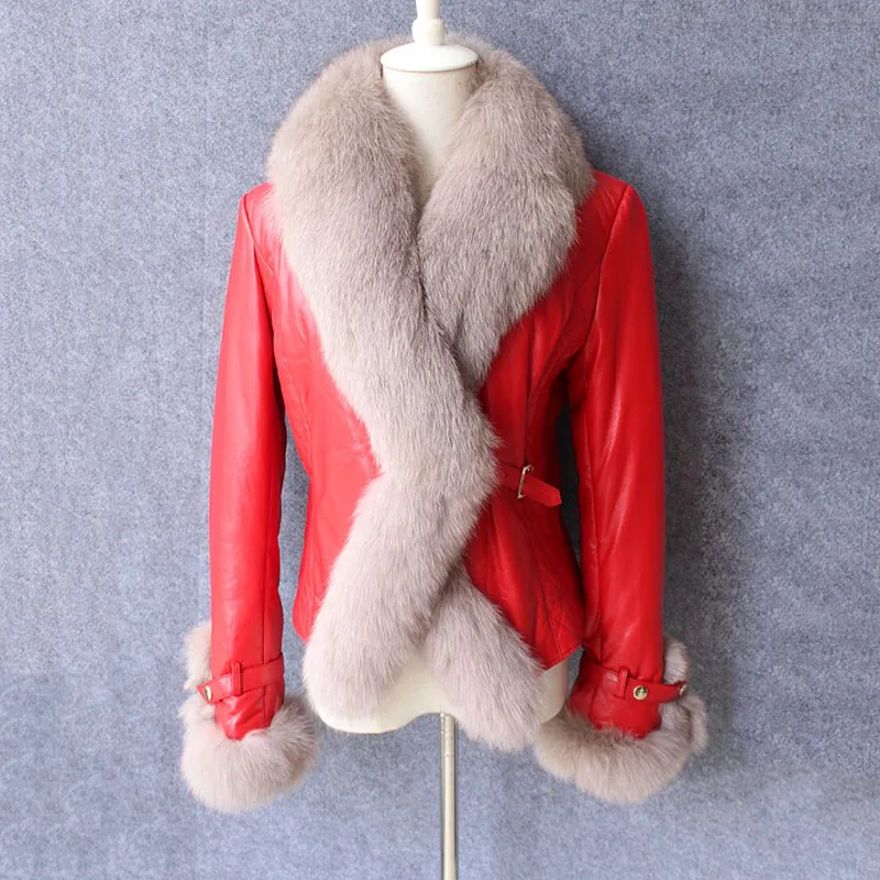 

2018 genuine sheepskin leather jacket with fox fur collar female winter garment clothing short design slim coat free ship CW2025
