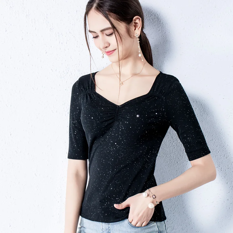 

2019 New Arrivals Tops for Women Elegant V-Neck Half Sleeve Mesh Bottoming Shirt Solid Color Black Pink Brown Fashion Clothes