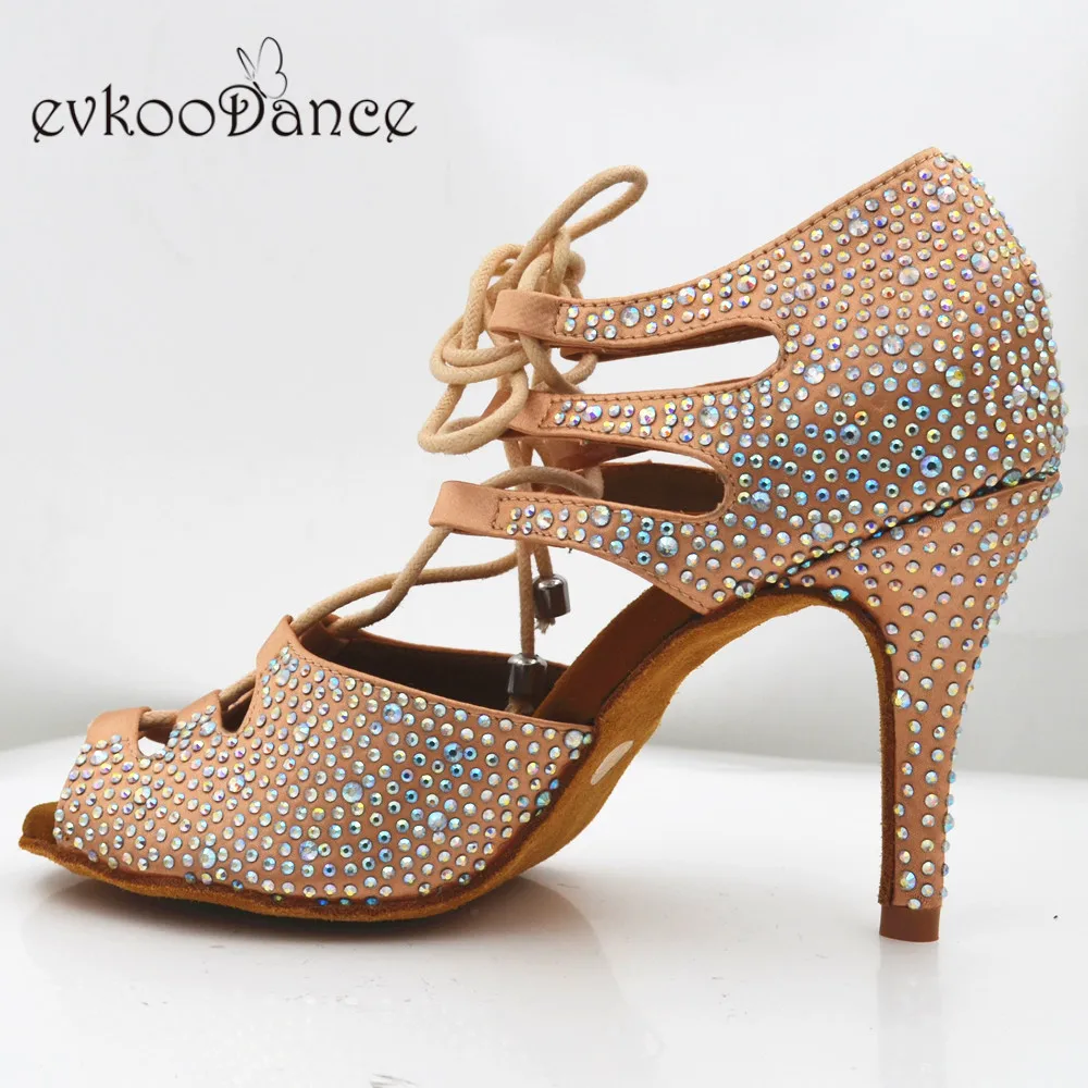 Evkoodance хаки атлас с Rhinostone Zapatos De Baile 8,5 см пятки профессиональные туфли для танцев «Латина» Обувь для Для женщин Evkoo-528