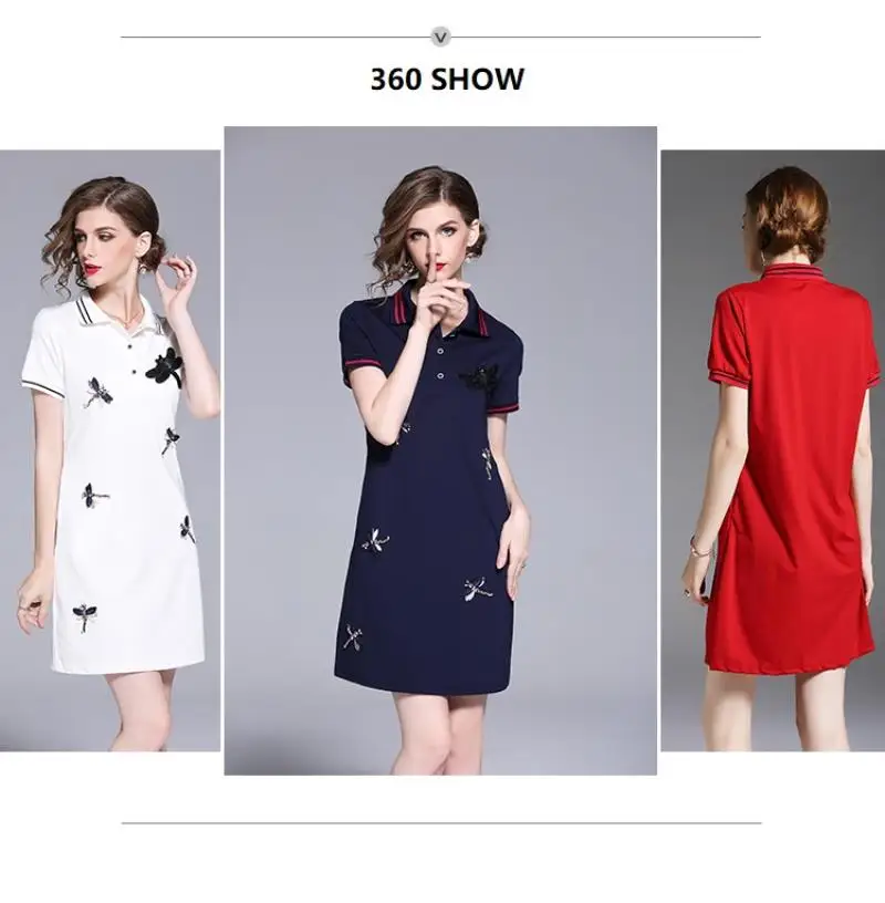 New Arrival 2018 Brand Clothing Summer Short Sleeved T-shirt Dress Women Embroidery Beading Casual White POLO Shirt Dress S-XXL
