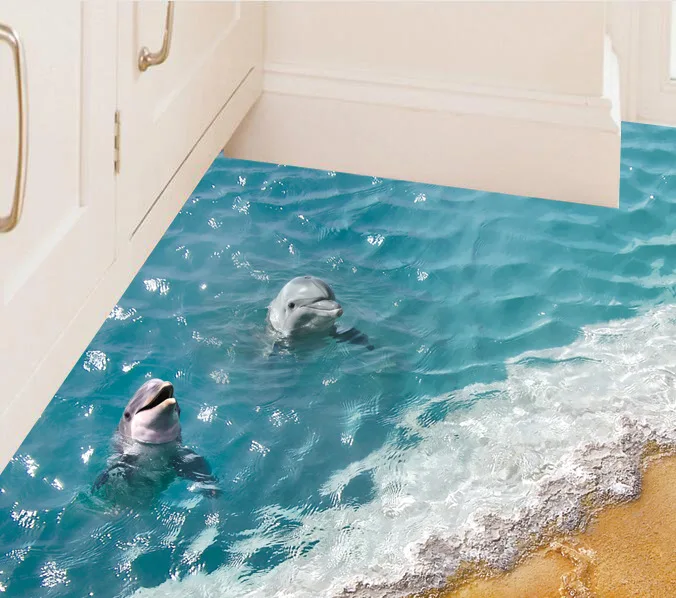 60*90cm Cute 3D Dolphin Floor Stickers Waterproof Bathroom Starfish