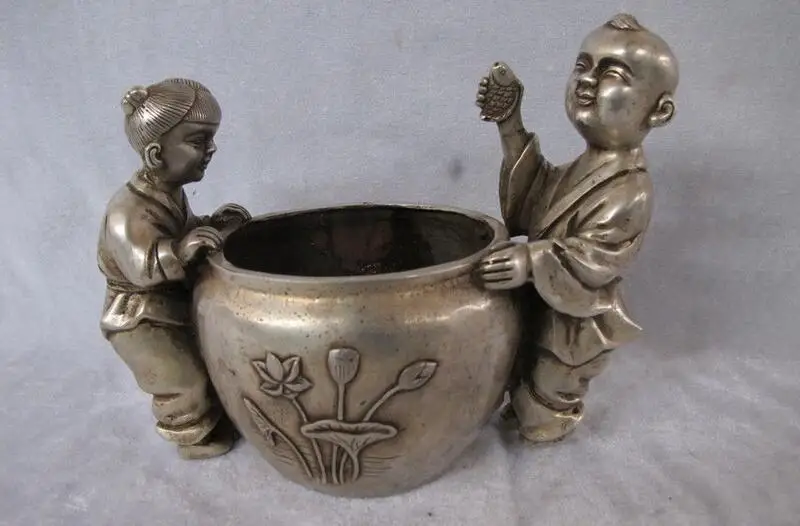 

China Silver carved Boys and girls in the jar Pot to catch fish lovely statue