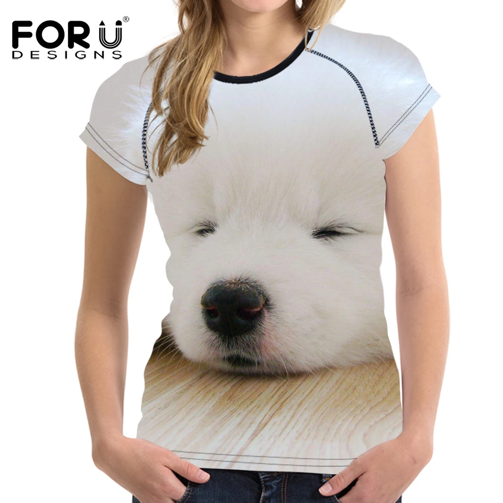 

FORUDESIGNS Cute 3D Samoyed Dog Women T Shirt Summer Casual Women Tops Short Sleeved Feminine Shirt Slim Elastic Tops