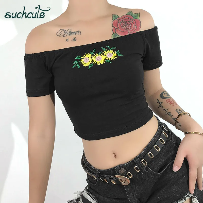 

SUCHCUTE Female T-Shirt Off Shoulder Top Black Gothic Women's Shirt Vintage Modis Summer 2019 Harajuku Korean Style Tops Frida
