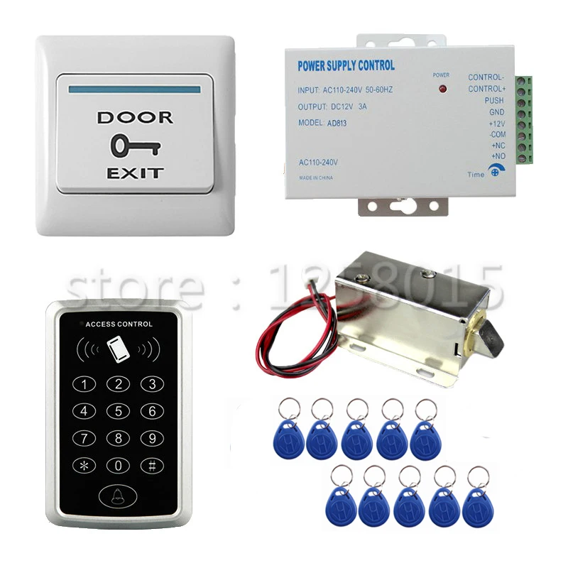 kit-di-controllo-accessi-125khz-lettore-rfid-controller-interruttore-di-blocco-dell'armadio-alimentatore-12v-portachiavi-set-completo